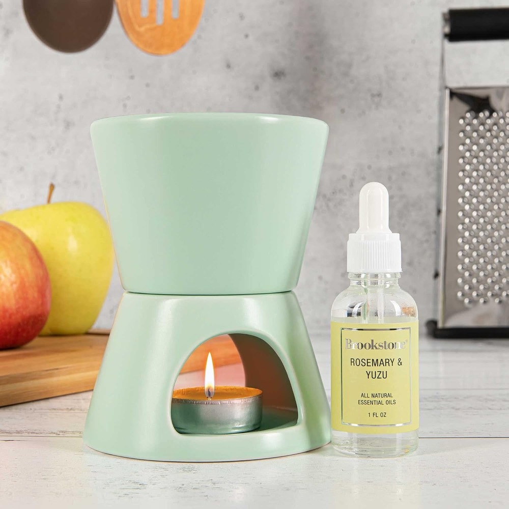 Brookstone Ceramic Oil Warmer Set Sage Grn Rosemary Yuzu Essential Oil 6 Candles